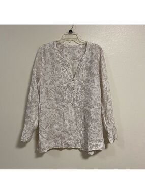 J. Jill Shirt Women’s Size XL Cream Floral Print Linen Long Sleeve Blouse Shirt